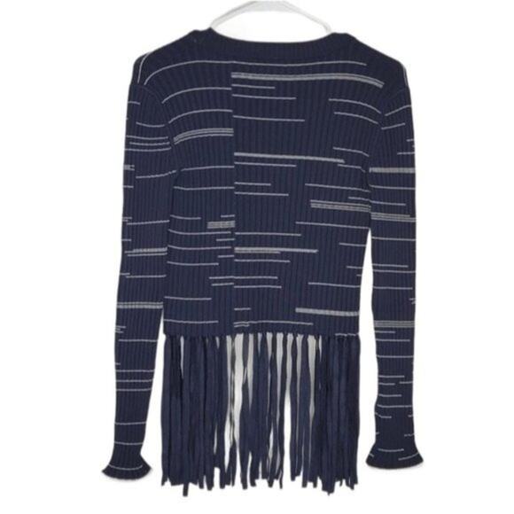 Yigal Azrouel Blue & White Striped Rib Cardigan with Fringe NEW - Picture 2 of 10